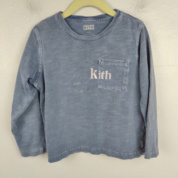 Kith Long Sleeve Pocket Tee Kids 4 5 Faded Blue Logo Graphic Crewneck Cotton - Picture 1 of 7